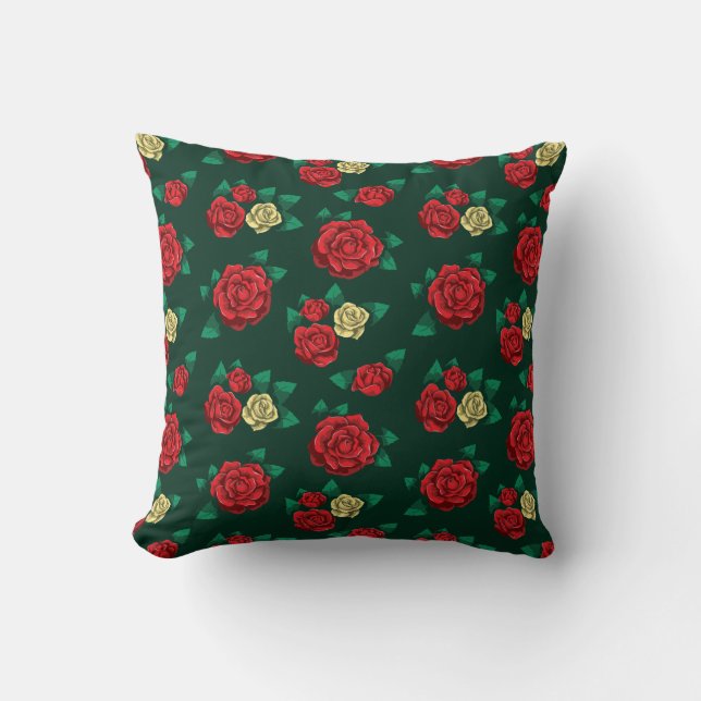 Frida Kahlo | Rotes und GoldRosen-Muster Kissen (Vorderseite)