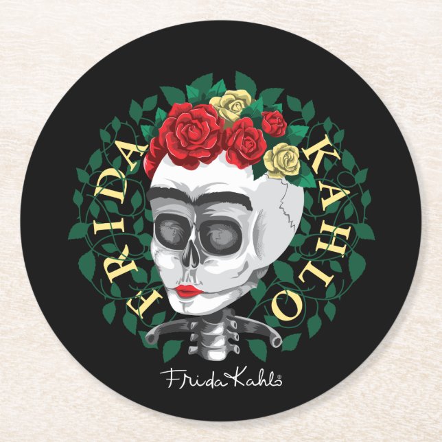 Frida Kahlo | Schädel mit Rose Crown Runder Pappuntersetzer (Vorderseite)