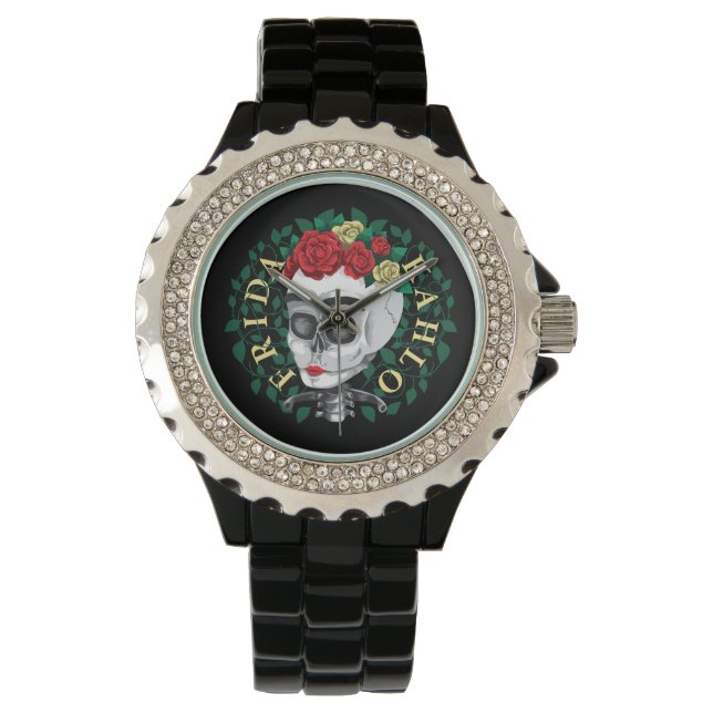 Frida Kahlo | Schädel mit Rose Kronen Armbanduhr (Vorderseite)