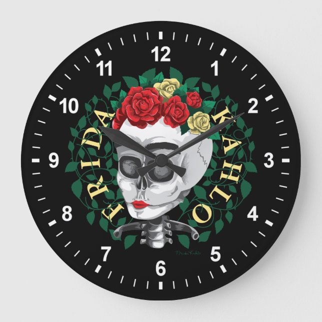 Frida Kahlo | Schädel mit Rose Kronen Große Wanduhr (Vorderseite)