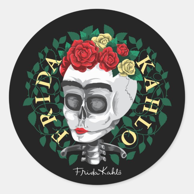 Frida Kahlo | Schädel mit Rose Kronen Runder Aufkleber (Vorderseite)