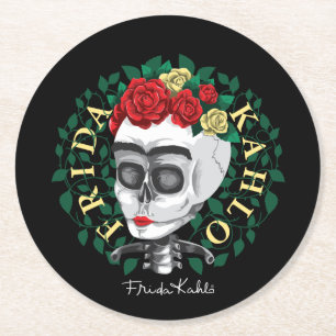Frida Kahlo   Schädel mit Rosen-Krone Runder Pappuntersetzer