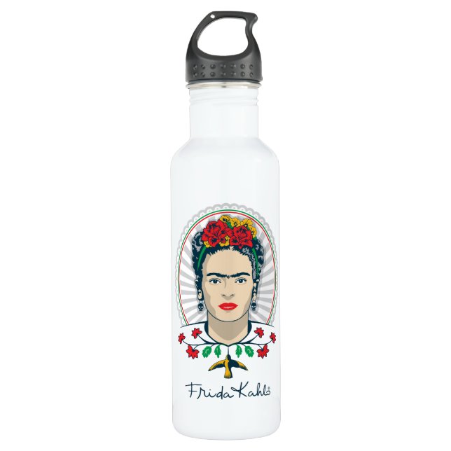 Frida Kahlo | Vintages Blumen Edelstahlflasche (Vorderseite)