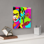 Frida POP ART Quadratische Wanduhr<br><div class="desc">"Frida Lives" mit einem bunten Pop-Kunstportrait von Frida Kahlo - Square Wall Clock, POP ART Style by O.M. Design</div>