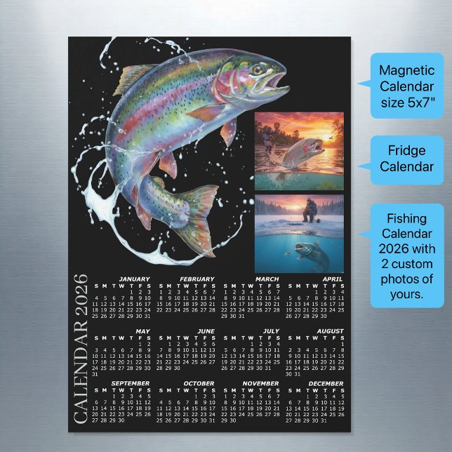 Fridge Fishing Photo Calendar 2026, Fly Fishing Magnetkarte (Fishing Calendar 2026 / Magnetic Fridge Calendar / 2x Photo)