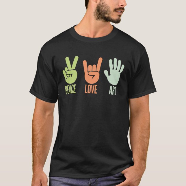 "Friede, Liebe, Kunst - Handzeichen-Design" T-Shirt (Vorderseite)