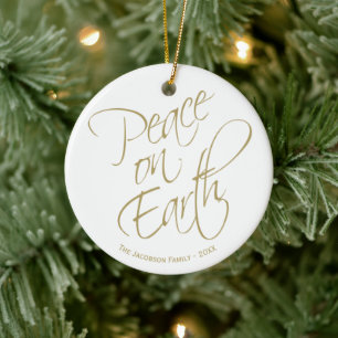 Frieden auf Erden Goldschrift Weihnachtsfoto Keramik Ornament