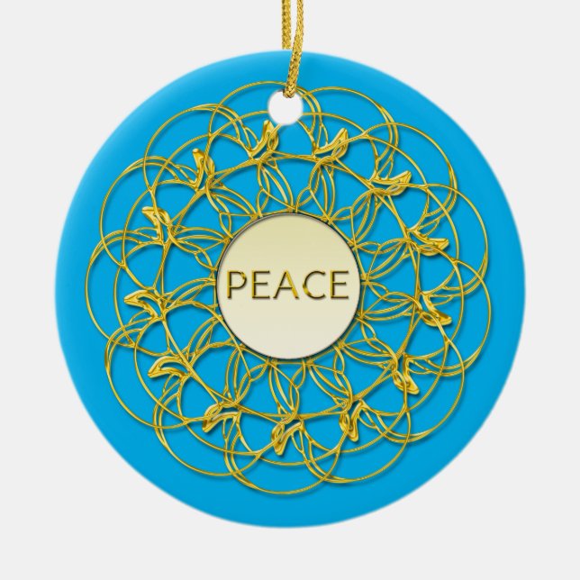FRIEDEN auf goldener Schnürsenkel am Himmel geschr Keramik Ornament (Vorne)