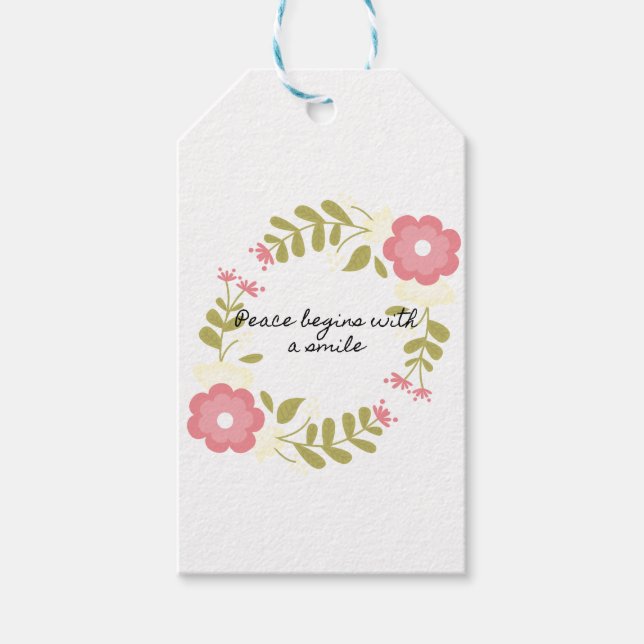 Frieden beginnt mit einem Lächeln rosa Blumen Geschenkanhänger (Vorderseite)