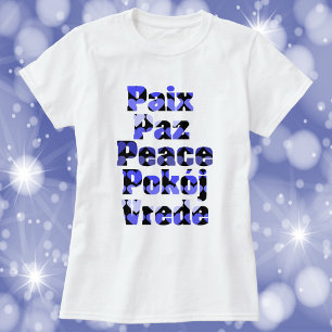 Frieden in vielen Sprachen Herzen Blau T-Shirt