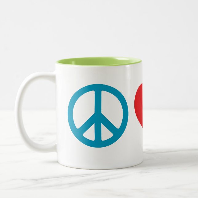 Frieden, Liebe, Avocado 11oz Zweifarbige Tasse (Links)