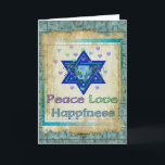 Frieden Liebe Glück Feiertagskarte<br><div class="desc">Hearts,  Star of David und die Worte "Peace Liebe Happiness" sind eine schöne Art,  Happy Hanukkah zu sagen.</div>