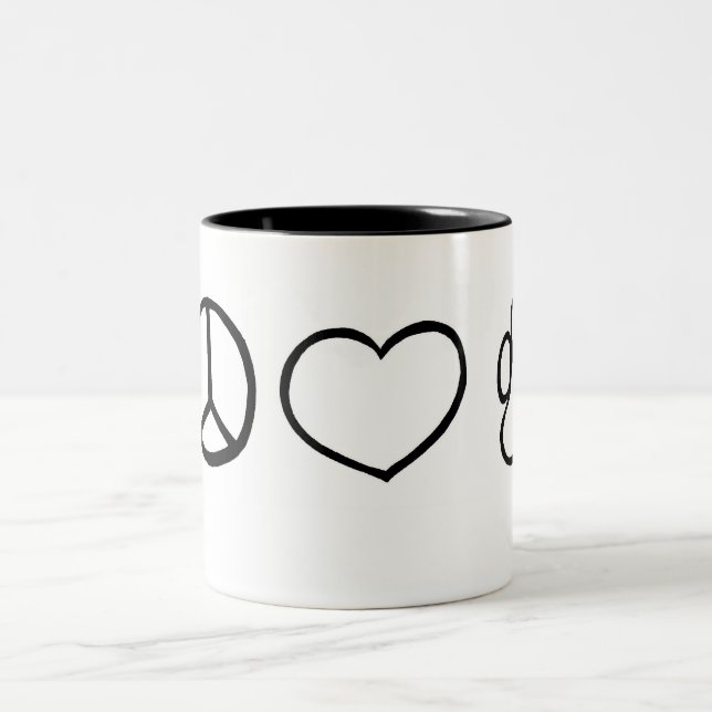 Frieden, Liebe, Hunde Zweifarbige Tasse (Mittel)