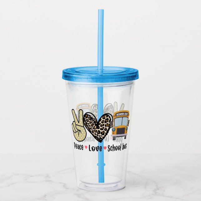Frieden, Liebe, Schulbus Acryltrinkbecher (Vorderseite)