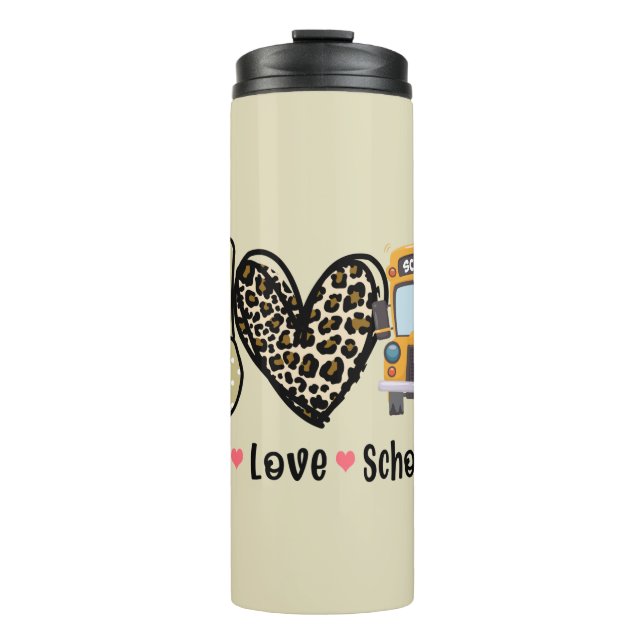 Frieden, Liebe, Schulbus Thermosbecher (Vorderseite)