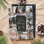 Frieden, Liebe und Freude | Multi Foto Collage Folien Feiertagskarte<br><div class="desc">Eine schöne typografische Urlaubskarte mit acht Fotos,  die in einer Collage angeordnet sind. "Wünscht euch Frieden,  Liebe und Freude" erscheint in der Mitte in Goldfolie handgezeichnete Typografie auf einem reichen kohleschwarzen Hintergrund mit festlichen Sternen. Personalisieren Sie Ihre Daten mit Ihrem Familiennamen unten.</div>