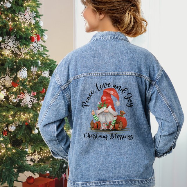 Frieden, Liebe und Freude, Niedlicher Gnome Weihna Jeansjacke (Peace, Love & Joy, Cute Gnome Christmas Blessings Denim Jacket)