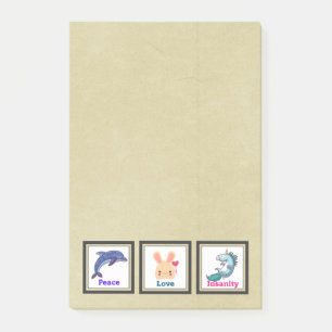 Frieden Liebe Wahnsinn mit Dolphin Bunny Unicorn Post-it Klebezettel