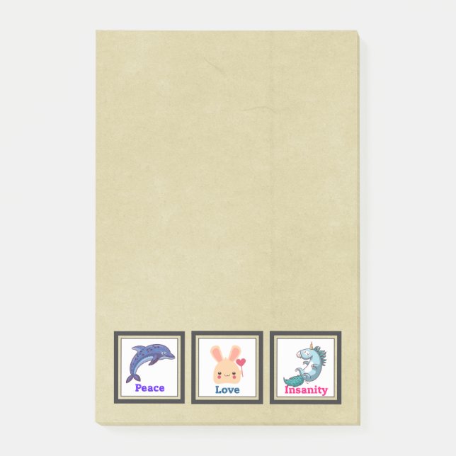 Frieden Liebe Wahnsinn mit Dolphin Bunny Unicorn Post-it Klebezettel (Vorderseite)