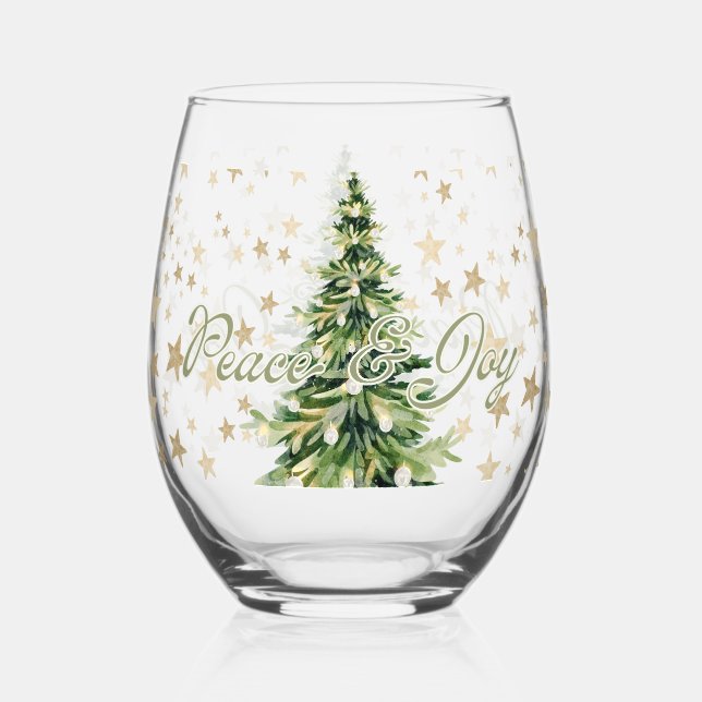 Frieden und Freude Grüner Weihnachtsbaum Weinglas Ohne Stiel (Vorderseite)