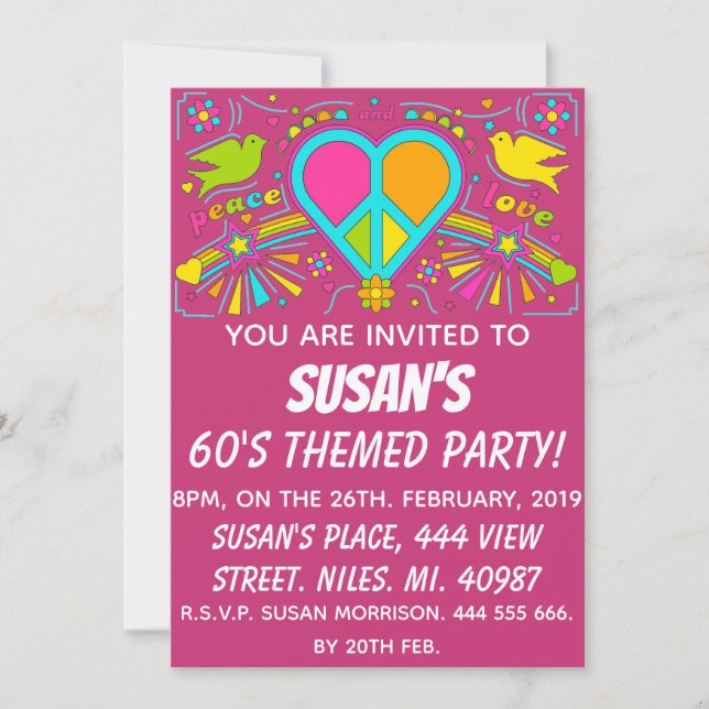 Frieden und Liebe. Themed Party der 60er Jahre. Einladung (Vorderseite)