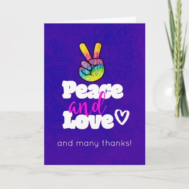 Frieden und Liebe Typografie mit Rainbow Hand Dank Dankeskarte (Vorderseite)