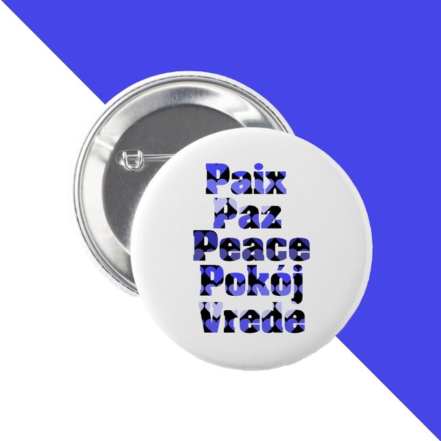 Frieden Viele Sprachen Herzen Blau Button (A pin back button that says peace in a variety of foreign languages with blue hearts.)