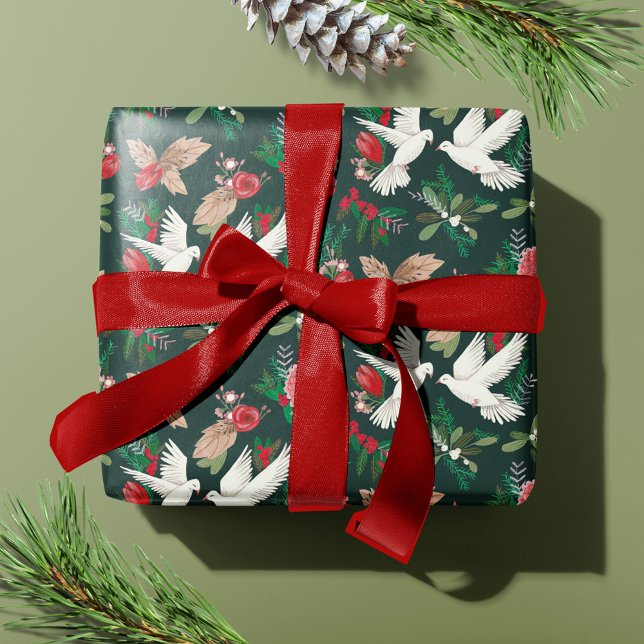 Friedens Tauben grünes florales Muster Geschenkpapier (Peace on Earth Doves green Floral pattern Wrapping Paper)