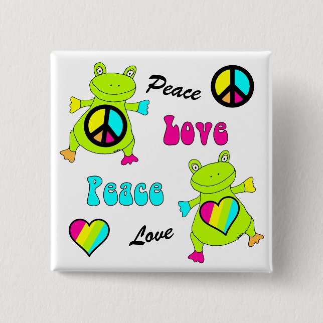 Friedens-und Liebe-Frosch-Quadrat Button (Vorderseite)