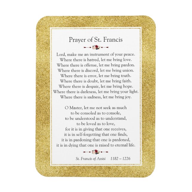Friedensgebet von St. Francis Gold Glitzer Rahmen Magnet (Vertikal)