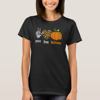 Friedensliebe Skelett Herbst Kürbis Leopard Hallow T-Shirt