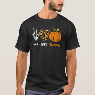 Friedensliebe Skelett Herbst Kürbis Leopard Hallow T-Shirt