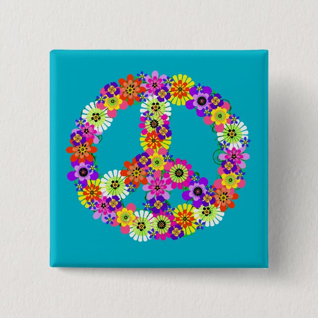 Friedensschild floral auf Türkis Button (Vorderseite)
