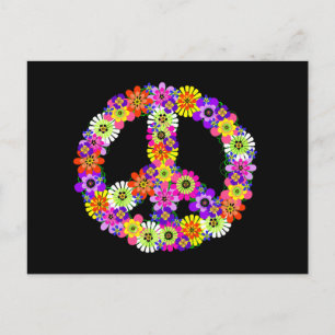 Friedenszeichen-Blumen auf Schwarz Postkarte