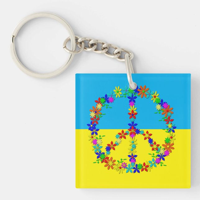 Friedenszeichen mit Blume, ukrainische Fahne Schlüsselanhänger (Vorderseite)