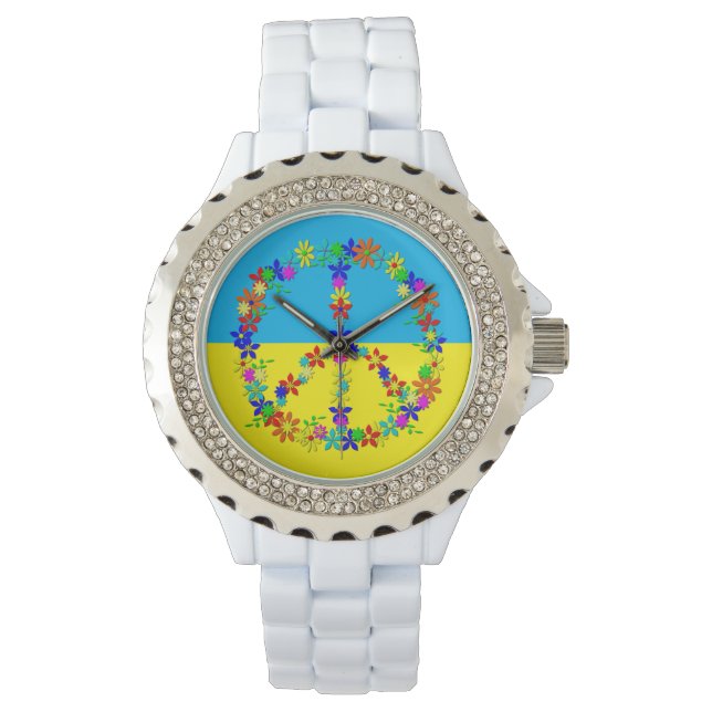 Friedenszeichen mit Blume, ukrainische Flaggentast Armbanduhr (Vorderseite)