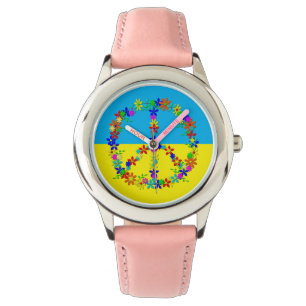 Friedenszeichen mit Blume, ukrainische Flaggentast Armbanduhr