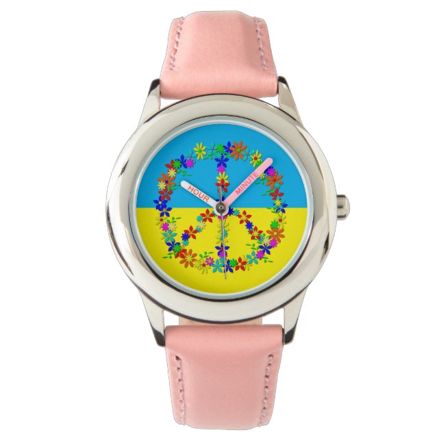 Friedenszeichen mit Blume, ukrainische Flaggentast Armbanduhr (Vorderseite)