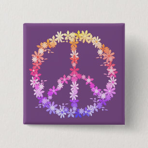 Friedenszeichen mit bunten Blumen Button