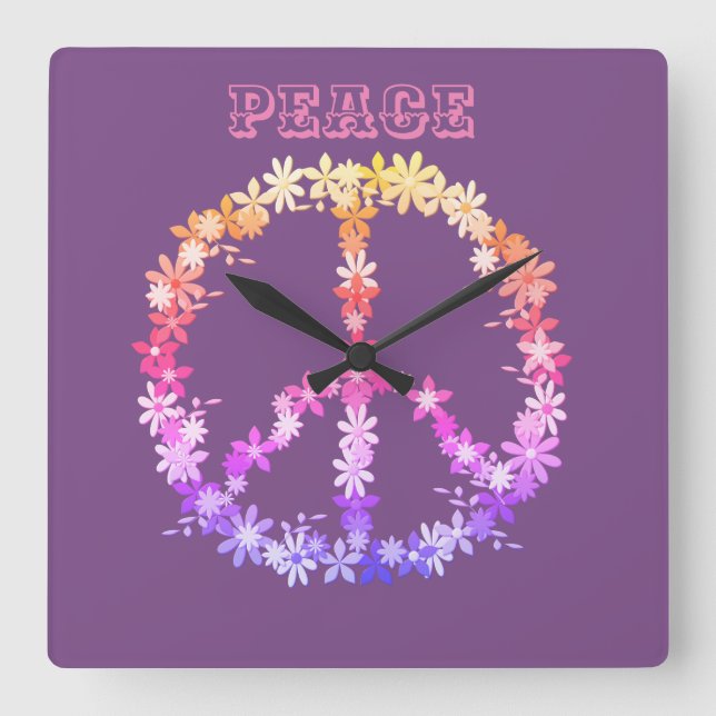 Friedenszeichen mit bunten Blumen, Quadratische Wanduhr (Vorderseite)