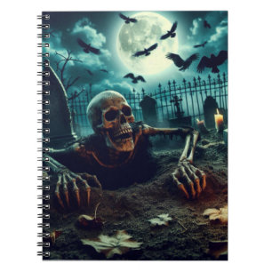 Friedhof, das Skelett krabbelt aus dem Grab. Notizblock