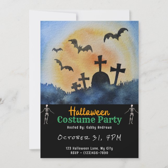 Friedhof Graves Bats Full Moon Black Halloween Einladung (Vorderseite)