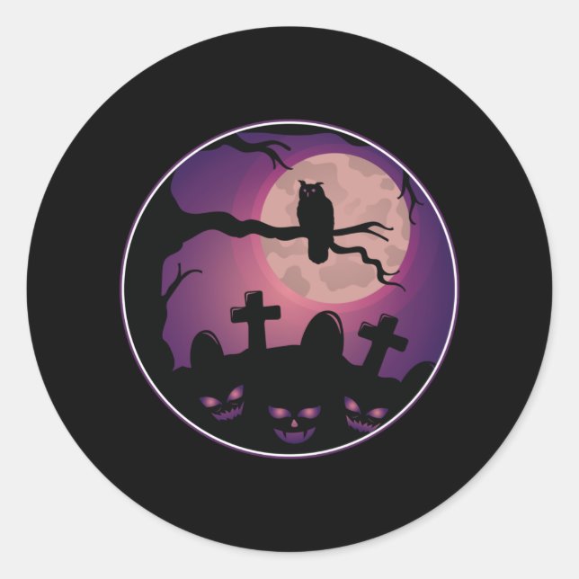Friedhof Pumpkin Owl Moon Beängstigend Fun Hallowe Runder Aufkleber (Vorderseite)