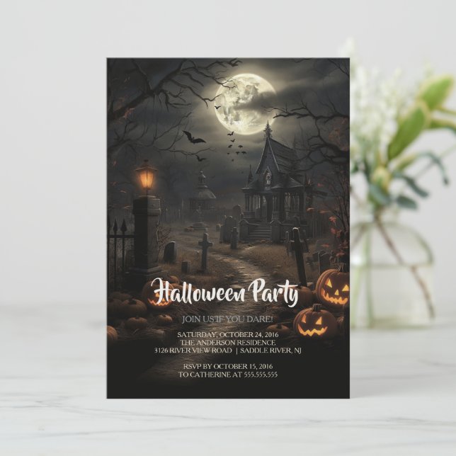 Friedhof und Pumpkins Halloween-Party Einladung (Stehend Vorderseite)
