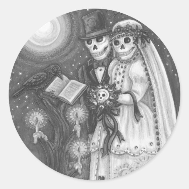 FRIEDHOF VOWS, SKELETON WEDD, BRIDE UND GROOM RUNDER AUFKLEBER (Vorderseite)