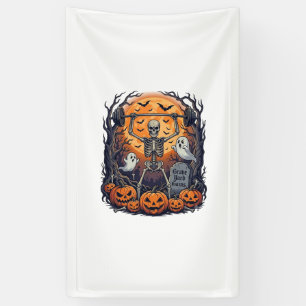 Friedhofsgewinne Skelett hebt Hantel Halloween Banner