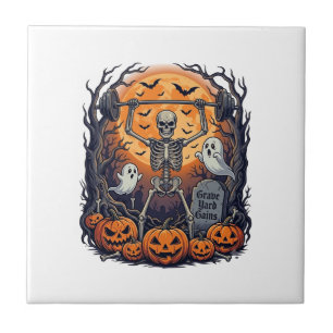 Friedhofsgewinne Skelett hebt Hantel Halloween Fliese