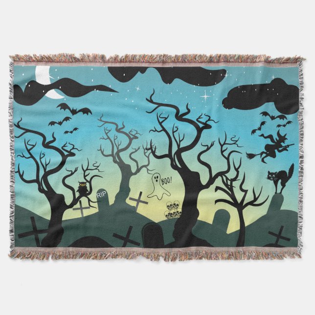 Friedhofsschwarz, Aqua, gelbes Halloween Decke (Vorderseite)