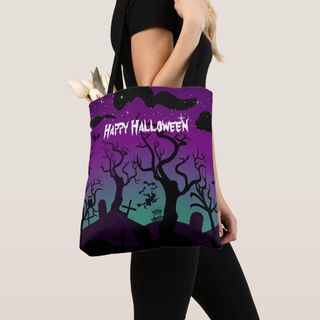Friedhofsschwarz, lila, türkis Happy Halloween Tasche (Von Nahem)