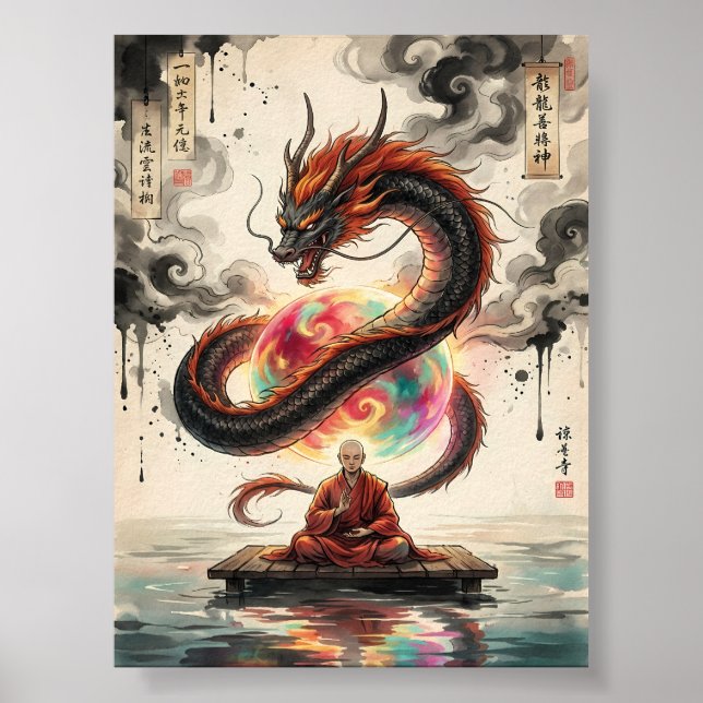 Friedliche Begegnung: Mönch und himmlischer Drache Poster (Vorne)